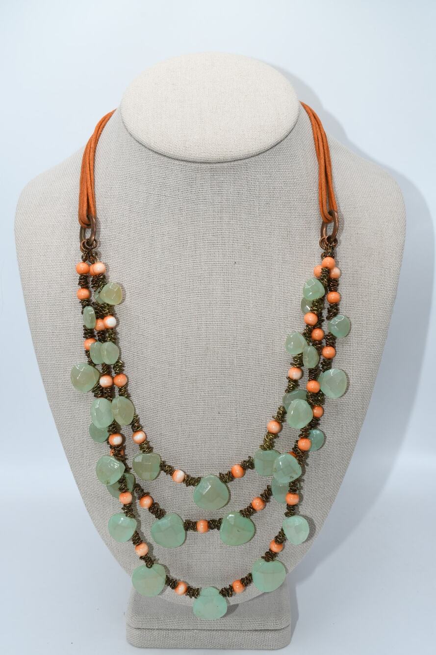 Mythologie Necklace Green Faceted Glass Pink Beads Rust Cord Statement 22”